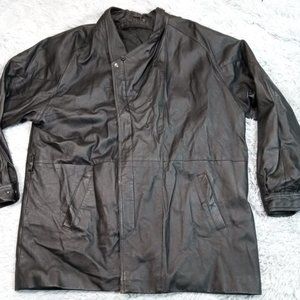 Alamo Uomo Mens Leather Jacket Black XL TrenchCoat Full Zip Pockets Lined‎